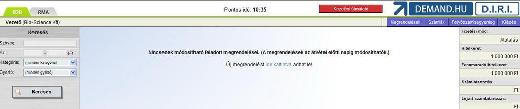 3. Az azonosítók megadása után láthatja a már feladott rendeléseit. Amennyiben nincsenek élő megrendelései úgy az új rendelés feladás menüpontra kattintva megkezdheti a szerkesztését.