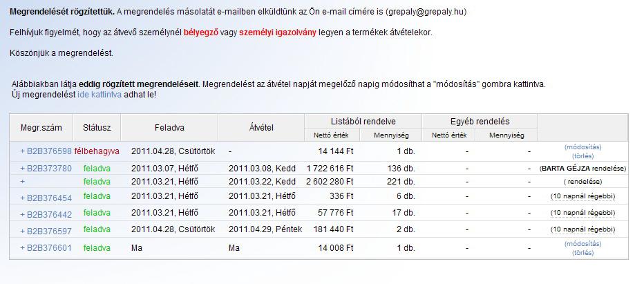 A megrendelés befejeztével, a megrendelést a Megrendelés feladása gombbal lehet az adatbázisban rögzíteni.