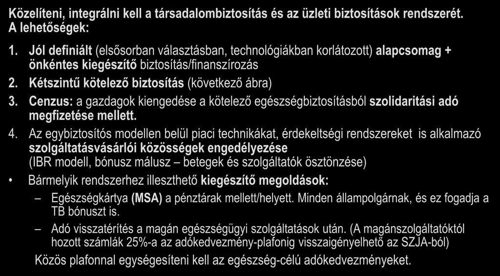 A biztosítási rendszer lehetséges fejlődési irányai Közelíteni, integrálni kell a társadalombiztosítás és az üzleti biztosítások rendszerét. A lehetőségek: 1.