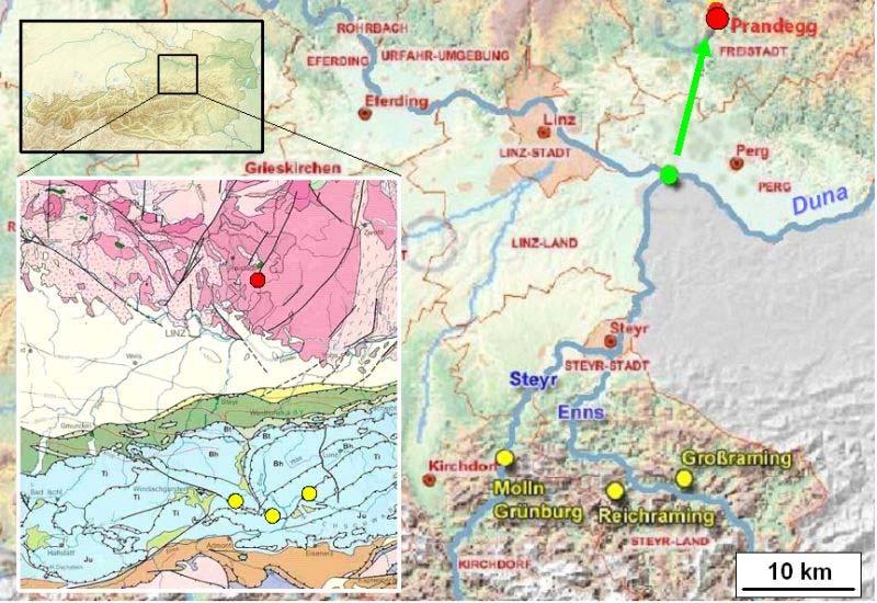 3 2. ábra: A környező terület geológiai felépítése az Enns torkolatában található kavicsösszlettel (zöld pont) és a jelenleg ismert Északi-Mészkő-, és Előalpi fontosabb mészkőlelőhelyekkel és