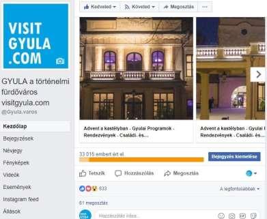4.2.2. Gyula, a történelmi fürdőváros Facebook oldala o facebook oldal 2017.01.01. és 2017.09.27. között: 2,3 millió videómegtekintés 530.300 megtekintett perc egy-egy fizetett bejegyzés átlagosan 23.