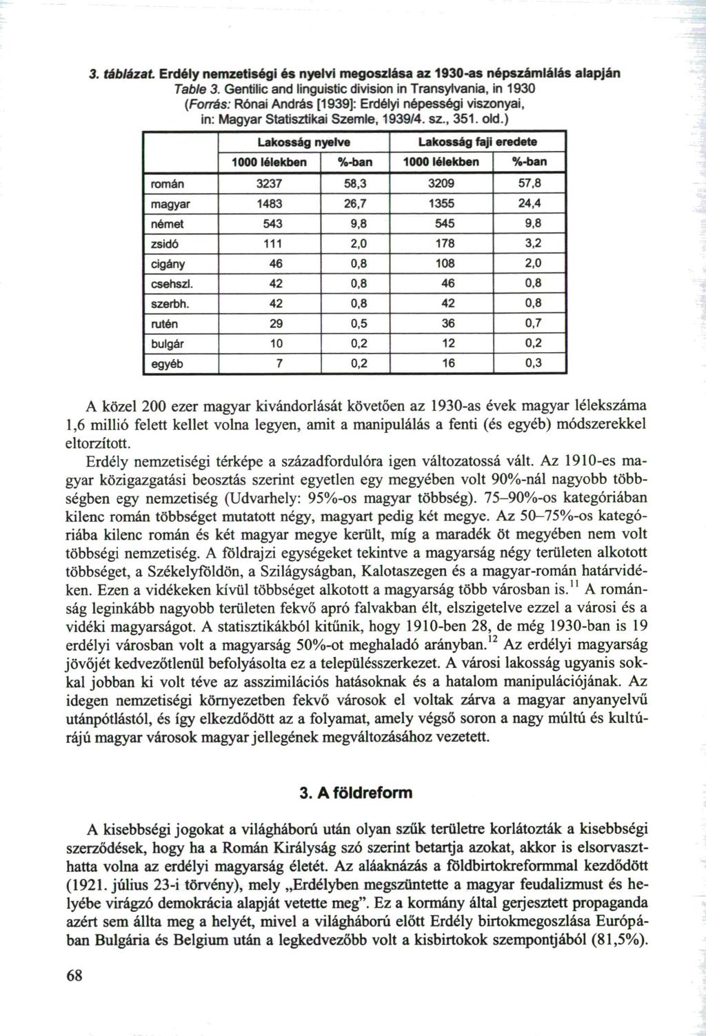3. táblázat. Erdély nemzetiségi és nyelvi megoszlása az 1930-as népszámlálás alapján Table 3.