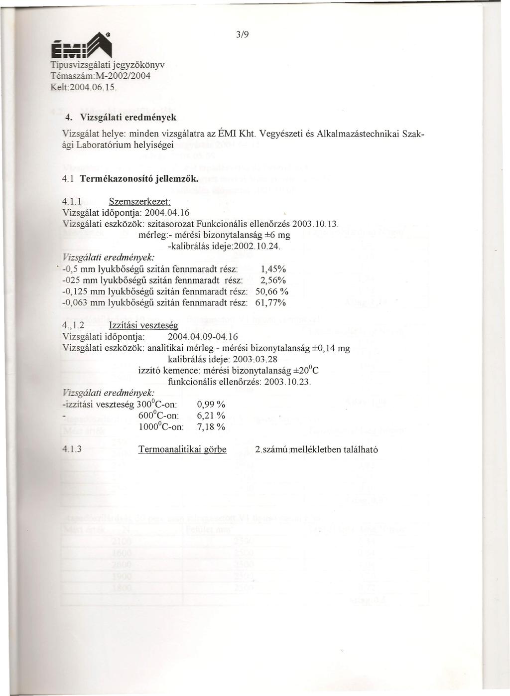 --_.~ _. Típusvizsgálati 1émaszám:M -2002/2004 elt:~004.06.15. jegyzőkönyv 3/9 Szak- 4. Vizsgálati eredmények Vizsgálat helye: minden vizsgálatra az É:MI Kht.