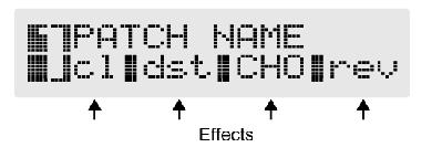 A választott effekt neve és ki/be kapcsolt állapota megjelenik a kijelzőn.