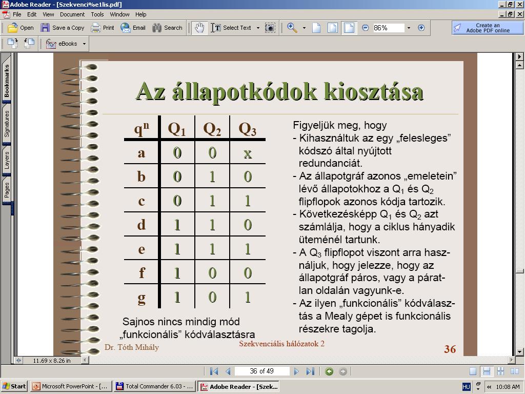 AZ ÁLLAPOTKÓDOK KIOSZTÁSA Kihasználjuk az egy felesleges kódszó által nyújtott redundanciát. A gráf azonos szintjén lévő állapotokhoz a Q1 és Q2 azonos kódja tartozik.