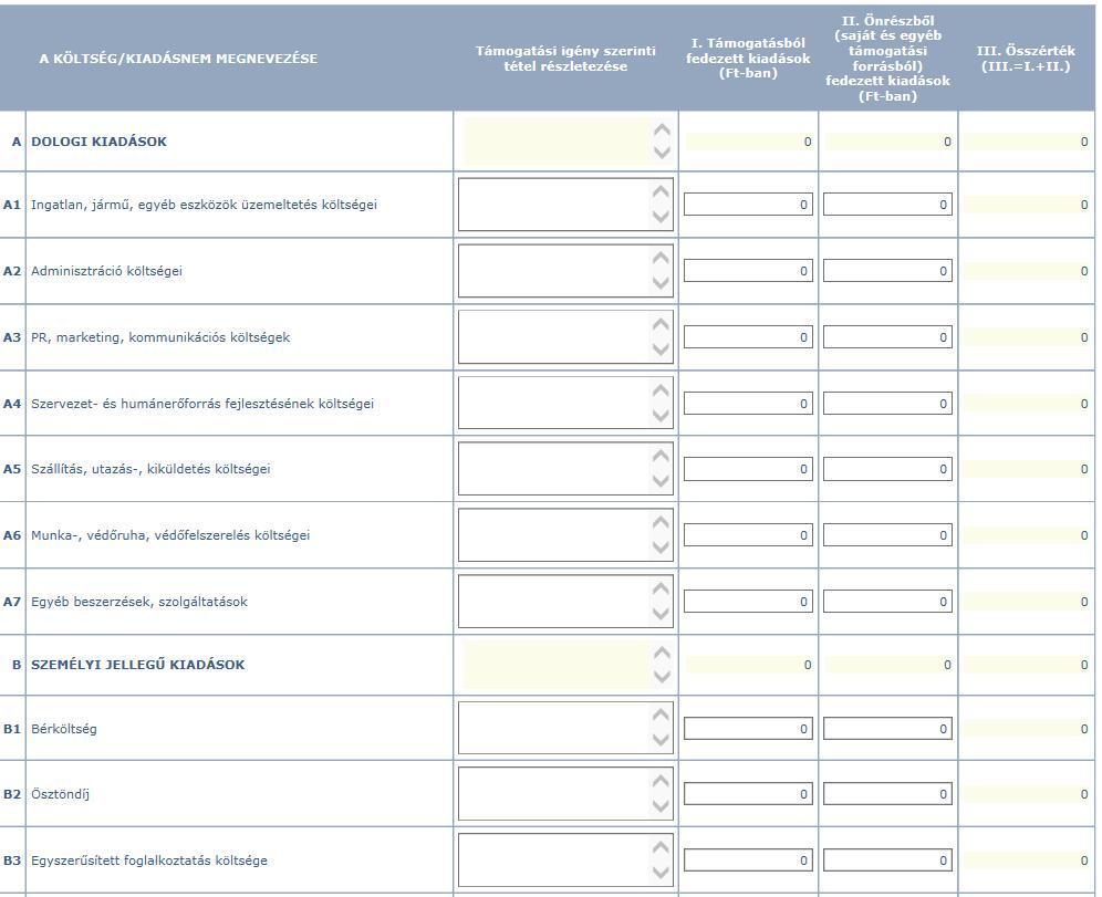 NEA-18-M költségvetése Tételrészletezés kitöltése