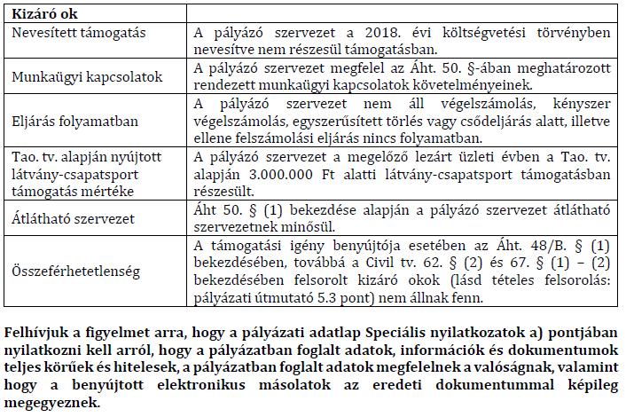 Kizáró feltételekre vonatkozó nyilatkozat (kötelezően kitöltendő, legördülő mező vezeti a pályázót) A kiírások alapján alábbi pályázati