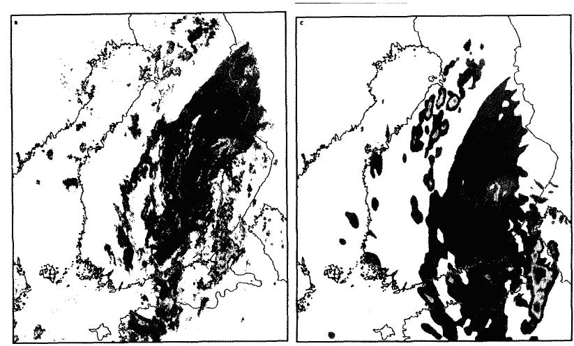 6. ábra: Hibaellipszisek; az idő előrehaladtával nő a területük, (Forrás: Hohti et al., 2000). A számolt csapadékvalószínűségi mezőt ábrázolva olyan képeket kapnak, mint egy radarkép (7. ábra).