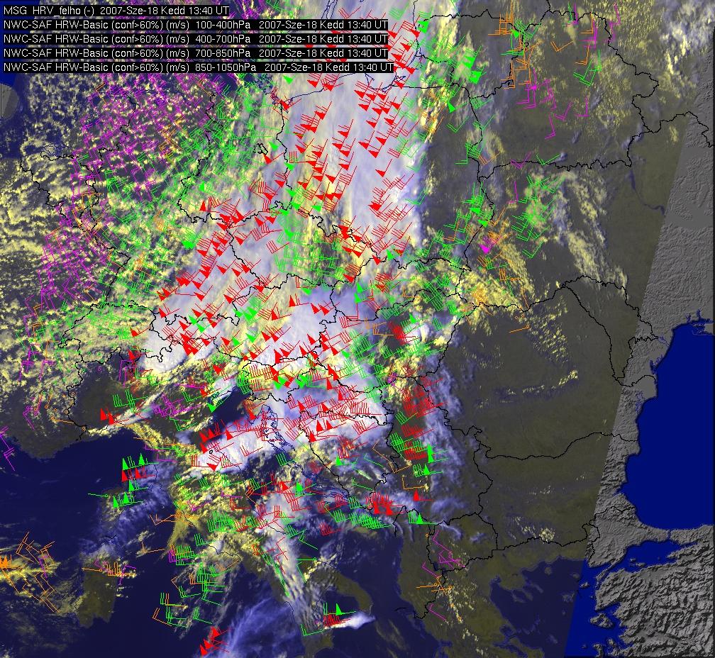 9. ábra: HRW vektormező különböző magassági szinteken, 2007.09.18. 13:40 UTC; lila: 850-1050 hpa, barna: 700-850 hpa, zöld: 400-700 hpa, piros: 100-400 hpa (Forrás: OMSZ, HAWK3). 4.2. Radaros áthelyeződési vektorok A radarból származtatott mozgásvektorokat az OMSZ-on belül, a Távérzékelési Osztály készíti.