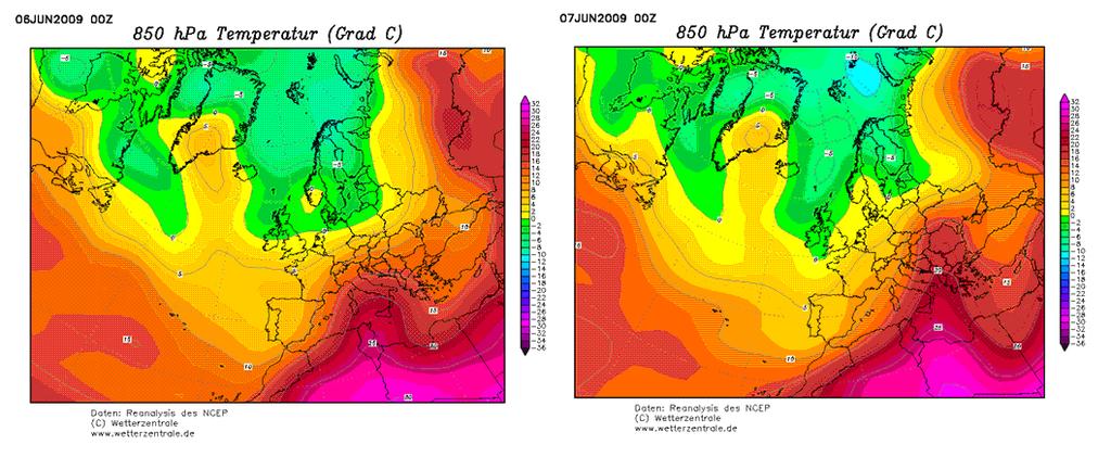 11. ábra: Frontvonalak Európa területén, 2009. 06. 07. 00:00 UTC, (Forrás: www.met.hu). 12. ábra: Hőmérsékleti mező 850 hpa-on; bal oldal - 2009.06.06. 00:00 UTC, jobb oldal 2009. 06. 07. 00:00 UTC, (Forrás: www.wetterzentrale.