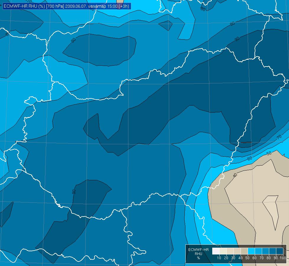 13. ábra: 2 m-es hőmérsékleti mező, ALADIN futtatás, 2009. 06. 07. 12:00, 15:00 és 18:00 UTC, (Forrás: OMSZ, HAWK3). 14. ábra: 700 hpa-os relatív nedvességi mező, ECMWF futtatás, 2009. 06. 07. 15:00 UTC, (Forrás: OMSZ, HAWK3).
