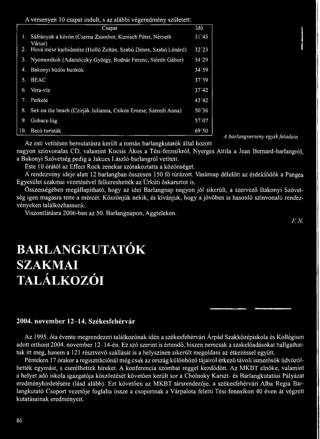 Vera-víz 37'42 7. Perkele 43'42 8. Sex on the beach (Czirják Julianna, Csikós Emese, Szeredi Anna) 50'36 9. Gubacs-lúg 57'07 10.