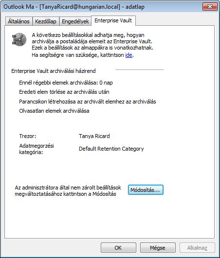 Az Enterprise Vault-archiválás kezelése Egy postaláda vagy mappa Enterprise Vault-tulajdonságainak beállítása 46 Postaláda Enterprise Vault-tulajdonságainak megadása 1 Az Outlook Navigációs