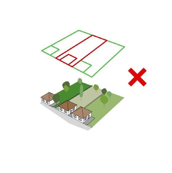 Nem javasolt a telken nagymértékben hátrahúzott beépítés, amit a telek mélységi méretei nem is tesznek lehetővé.
