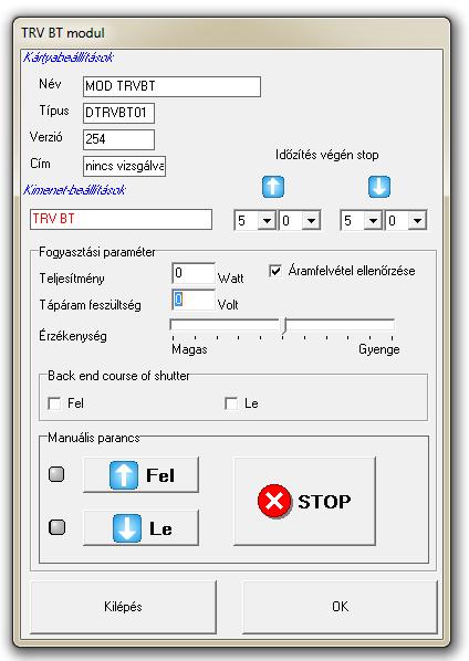 A DTRV01 modul 3 firmware verziójától, a felhúzási és leengedési időbeállítás csak a modul konfigurációs ablakában lehetséges (jobb kattintás a modul egyik kimenetére majd válassza a Szerkesztés