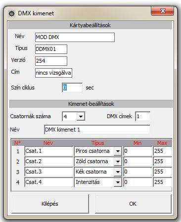 Modul szerkesztése Modul beállítás: A modul Neve, Típusa, Verziója és Címe és a Szín ciklus minimális ideje. Csak a Név mező és a Szín ciklus módosítható.