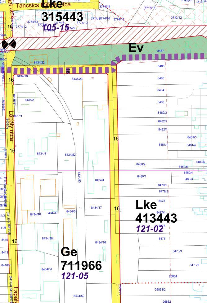 35 3. számú változtatással érintett terület Jelenlegi szabályozás Tervezett szabályozás Tünde utca Kéményseprő utca vasút Lapály utca által határolt terület - Bilfinger Kft. 8434/22-23 és a 8487 hrsz.