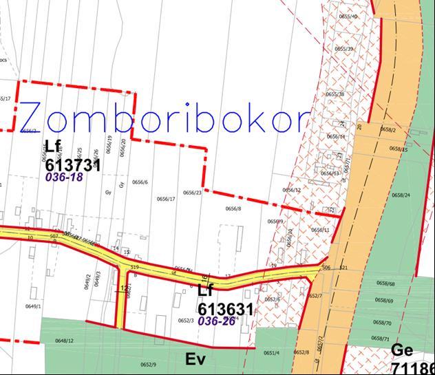 53 16. számú változtatással érintett terület Zomboribokori 0656/12-14 hrsz.-ú ingatlanok Jelenlegi szabályozás Tervezett szabályozás A 0656/12-14 hrsz.