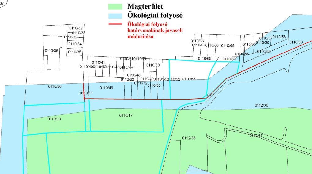 58 Ábra: A környezeti értékelésben vázolt Ökológiai folyosó korrekciója Sziget utca A Sziget utca északi területein a gazdasági rendeltetésű erdőzóna mezőgazdasági zónába történő átsorolásával