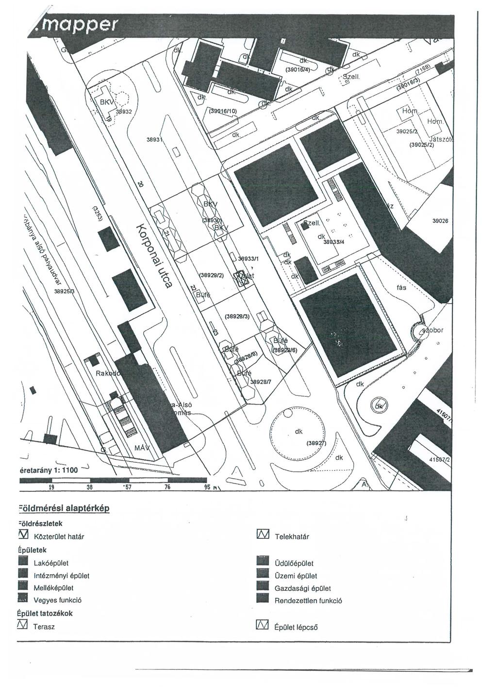 j =öld _,, mérési alaptérkép -old részletek ~ Közterület határ ~ Telekhatár Épületek Lakóépület - Intézményi épület.