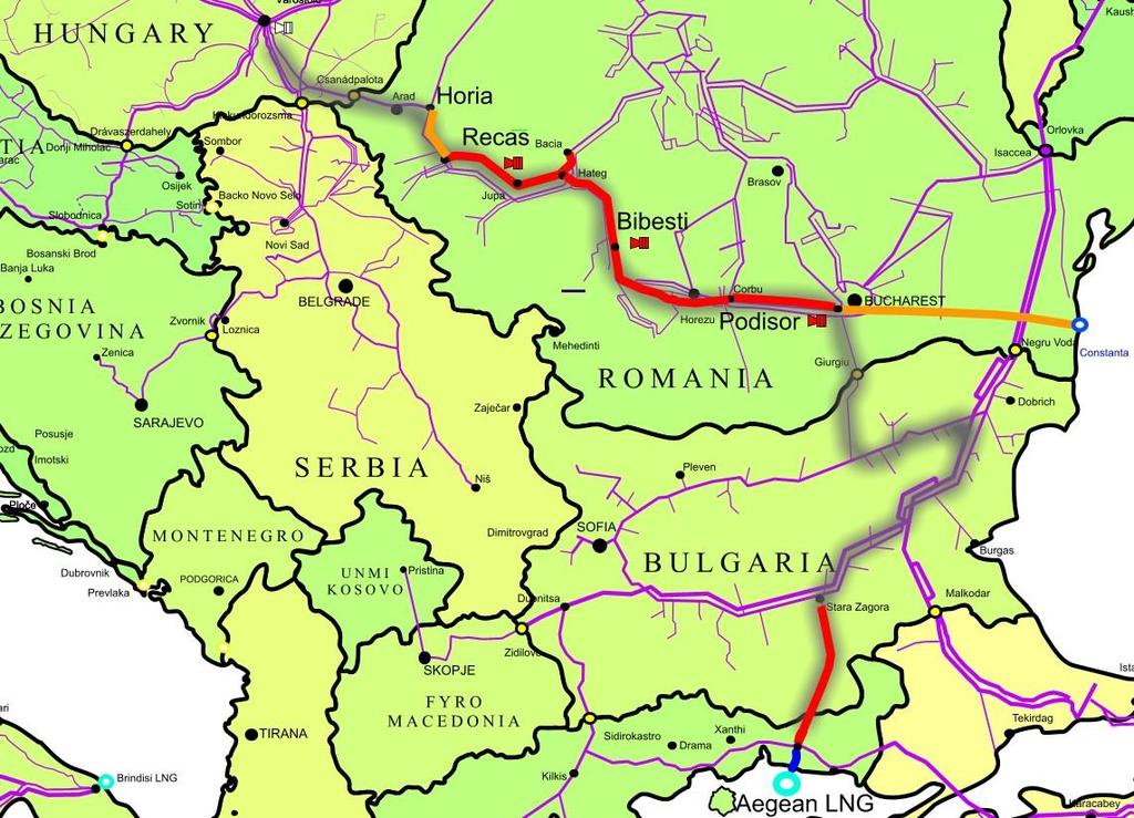 28. ábra Alexandroupolis LNG terminál elérési útvonala, szükséges új vezetékszakaszok (Narancssárgával BRUA 2. fázis) (Forrás: Szerző saját szerkesztése) 7.