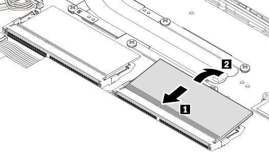 6. Az új memóriamodult körülbelül 20 fokos szögben 1 illessze a memóriahelyre. Hajtsa le a memóriamodult, amíg a helyére nem pattan 2.