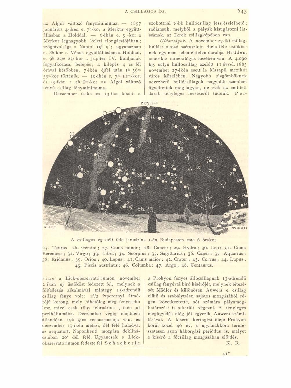 A CSILLAGOS ÉG. 643 az Algol változó fényminimuma. 1897 januárius 4-ikén e. 7h-kor a Merkúr együttállásban a Holddal. 6-ikán e.