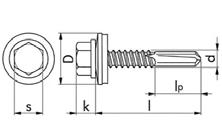 reca önfúró-önmetsző csavarok sef driing screws bimetá homokzatépítéshez, hatapfejje, peremme, tömítőaátétte, megnövet hosszúságú fúróheggye Ruspert - bevonatta Cikkszám 0214 895 538 D k 5,2 p 13,5 s