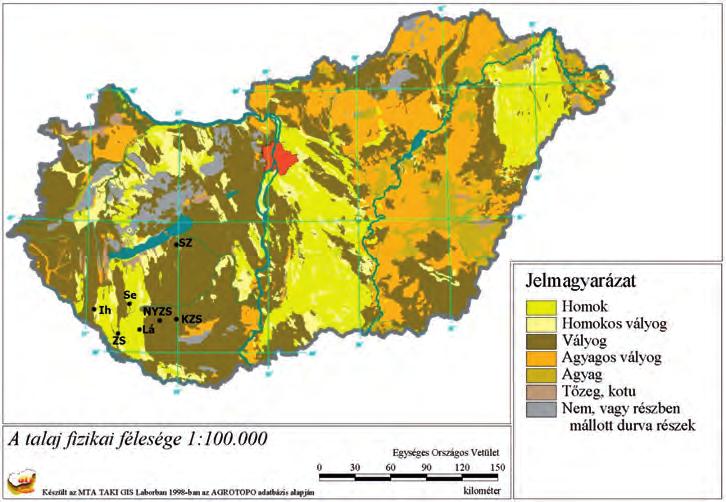 200 Nagy Gábor, Ács Kornél, Csivincsik Ágnes, Varga Gyula és Sugár László 1. ábra: A vizsgált területek elhelyezkedése és fizikai talajfélesége (jelmagyarázat a szövegben, forrás: http://mta-taki.hu).