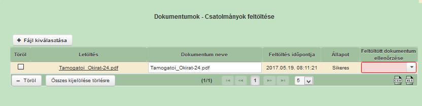 A feltöltött dokumentumot megnyithatja a Letöltés oszlopban a kívánt fájl nevére kattintva.