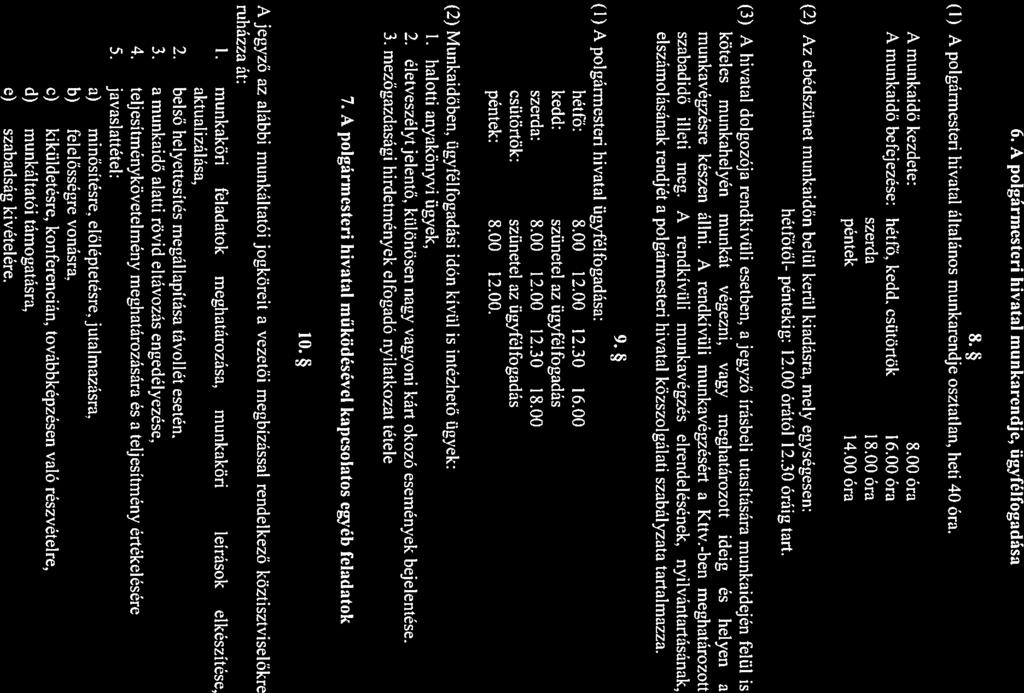 6. A polgármesteri hivtl munkrendje, ügyfélfogdás 8. (1) A polgármesteri hivtl áltlános munkrendje oszttln, heti 40 ór. A munkidő kezdete; 8.00 ór A munkidő befejezése: hétfő, kedd, csütörtök 16.