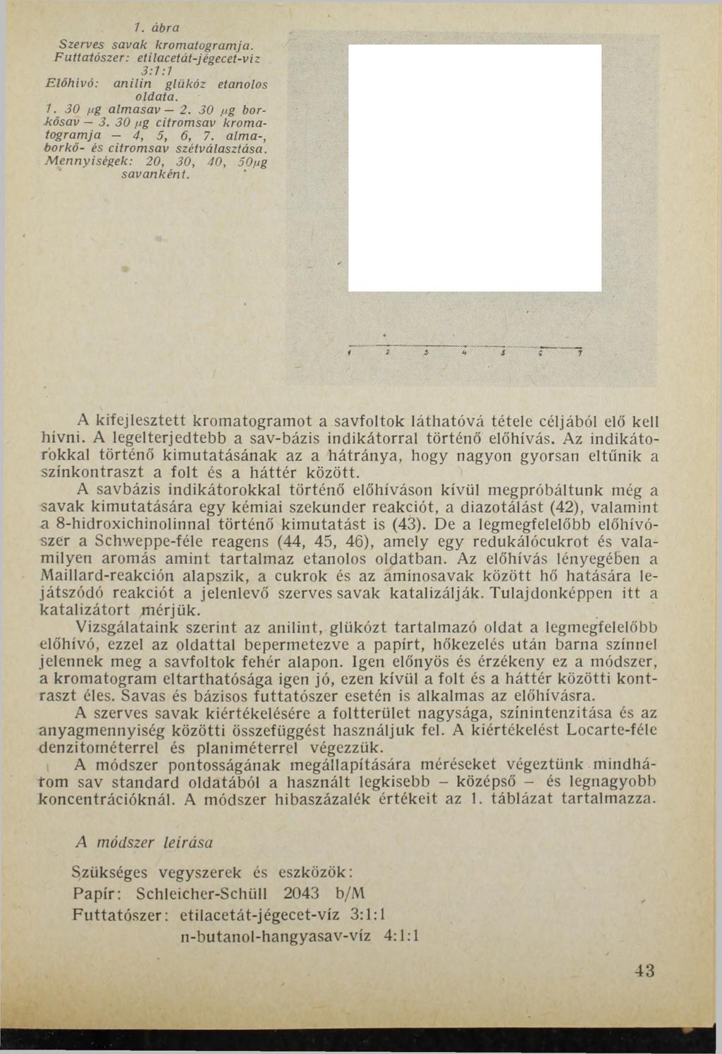 1. ábra Szerves sa v a k k rom atogram ja. F и itató szer: étilacetát-jégecet-v íz 3:1:1 E lő h ívó : ariilin g lü k ó z etanolos oldata. 1. 3 0 ng a lm a sa v 2. 3 0 /tg bork ő sa v 3.