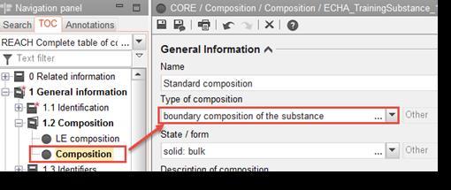 adatmezőcsoportjában két összetétel-rekordra van szüksége: az egyik jelölése legal entity composition of the substance (az anyag