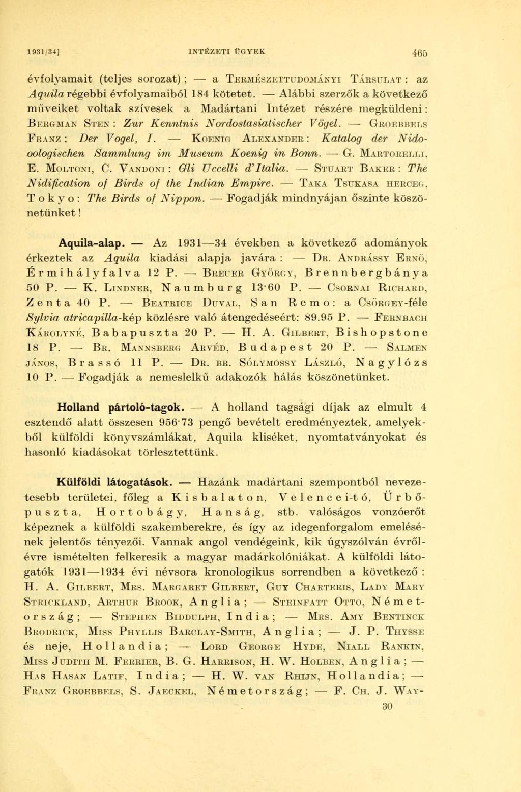 1931/34] INTÉZETI ÜGYEK 4-65 évfolyamait (teljes sorozat) ; a TERMÉSZETTUDOMÁNYI TÁRSULAT : az Aquila régebbi évfolyamaiból 184 kötetet.