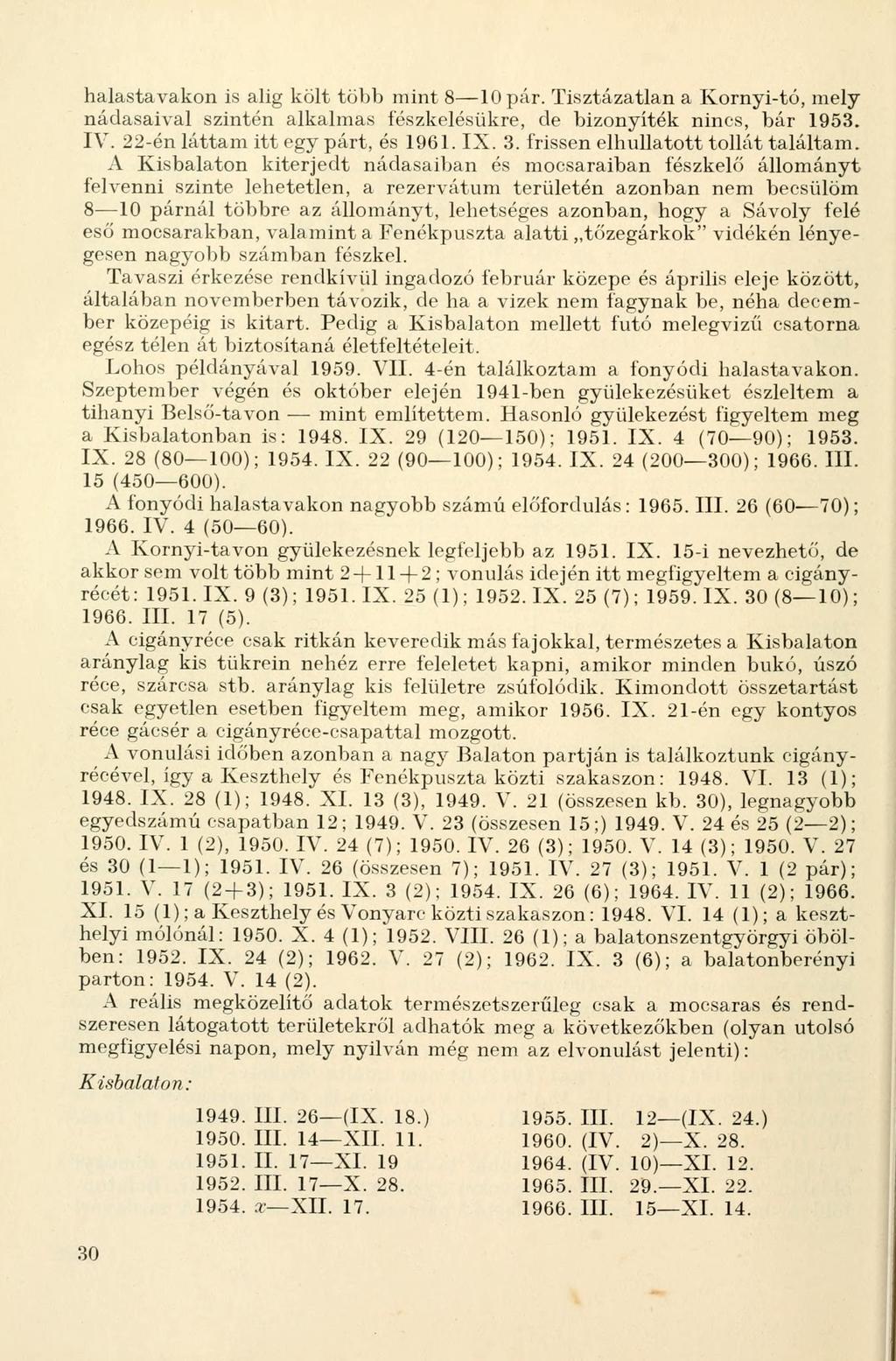 halastavakon is alig költ több mint 810 pár. Tisztázatlan a Kornyi-tó, mely nádasaival szintén alkalmas fészkelésükre, de bizonyíték nincs, bár 1953. IV. 22-én láttam itt egy párt, és 1961. IX. 3.