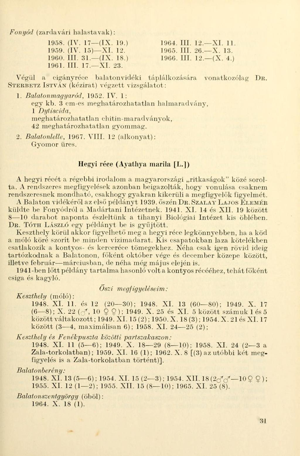 Fonyód (zardavári halastavak): 1958. (IV. 17(IX. 19.) 1964. III. 12.XI. 11. 1959. (IV. 15)XI. 12. 1965. III. 26.X. 13. 1960. III. 31.(IX. 18.) 1966. III. 12.-(X. 4.) 1961. III. 17XI. 23.