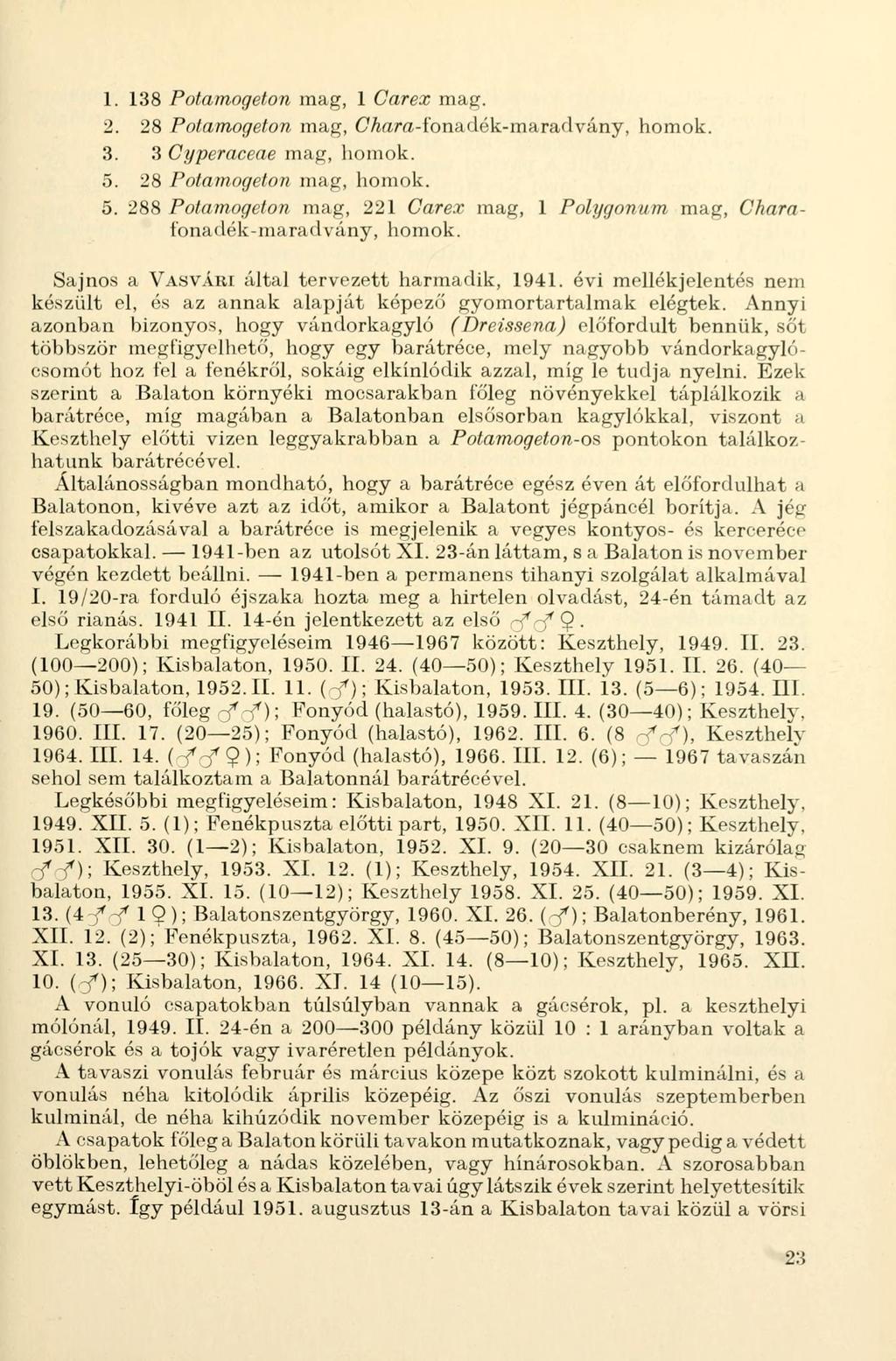 1. 138 Potamogeton mag, 1 Carex mag. 2. 28 Potamogeton mag, CAara-fonadék-maradvány, homok. 3. 3 Cyperaceae mag, homok. 5.