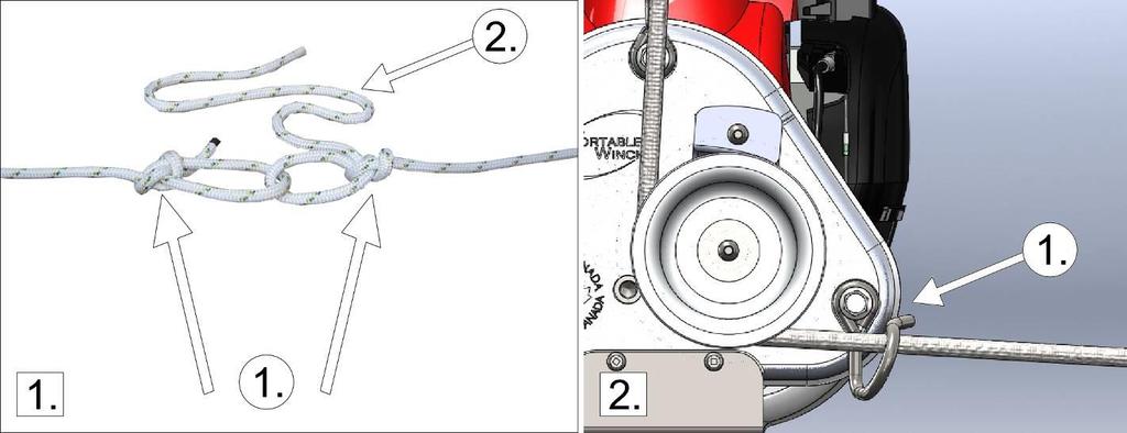3.5.2.4 Ha túl rövid a kötél Ha a kötél túl rövid, össze kell kötnie két kötelet: 1) 1. ábra, 1. sz.: tengerészcsomó segítségével (3.2.1 rész) kösse össze a két kötelet; 2) 1. ábra, 2. sz.: FONTOS: a rakományt tartó kötél esetén a csomóból kilógó kötélvéget hagyja kb.