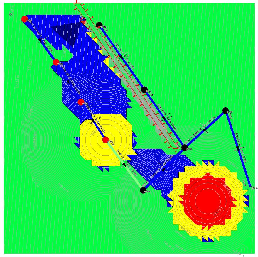 3. ábra A szintetikus csatornahálózat számítási eredménye, a felszíni elemek a rajtuk kialakuló vízszint szerint vannak színezve, a zöld 0cm, a kék 1cm, a sárga 5cm, a piros 50cm feletti vízborítást