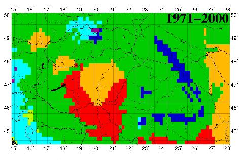 Ács F., Breuer H., Skarbit N., Szelepcsényi Z.: A biofizikai éghajlat-osztályozások alkalmazása 3. ábra: Magyarország éghajlata a CRU TS 1.