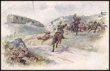 152 A könnyű-géppuskás páncélvonat harcban az orosz lovassággal.