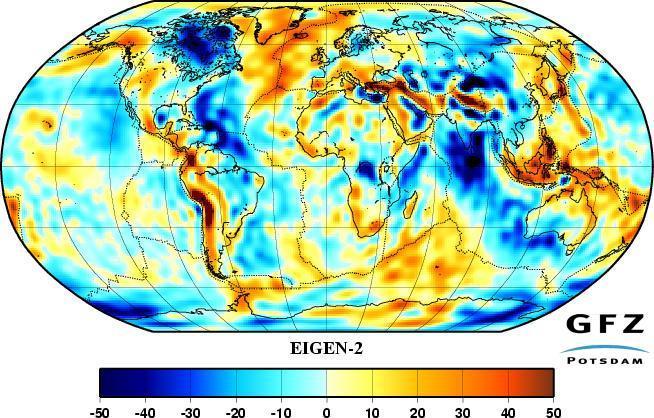 EIGEN-2 gravitációs mező modell (a=6378136.46, 1/f=298.25765) CHAMP pálya adataiból (GPS-es műhold követőrendszer alapján) és a gyorsulásmérő adataiból (2000 júl.-dec.