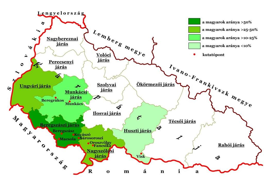 8. ábra A kutatópontok elhelyezkedése Kárpátalja területén A tömbben élő magyarok csoportjánál 16 családban végeztük el a vizsgálatot, amelyből Beregszász városában 5, a Beregszászi járásban 8