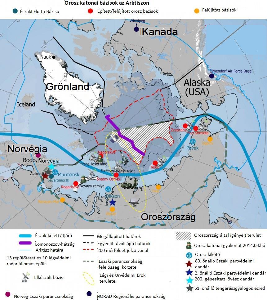 1. ábra Oroszország katonai bázisai az Északi-sarkon 6 2014-ben létrehozták az Arktiszi Stratégia Parancsnokságot az Északi Flotta bázisán, majd megerősítették a Nyugat-, Közép-, Kelet katonai