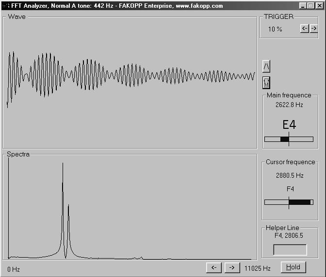 Mint a képen láthatjuk a h1 alapmódus 2622,8 Hz-es picit alacsony E4 hangon szólal meg, míg a torziós rezgés elsı módusa 2880,5 Hz-en rezgı F4-en.