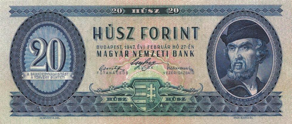 Magyar Köztársaság 1946-49 Ungarische Republik 1946-49 Republic of Hungary 1946-49 20 Forint - kék, fehér papíron /blau, auf weissem Papier/ blue, on white paper - 166x72mm, 1948.08.01.