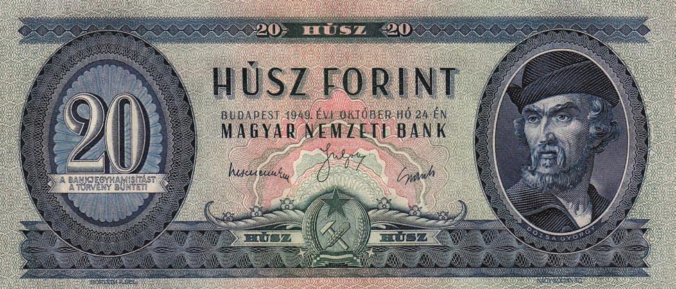 Magyar Népköztársaság 1949-89 Ungarische Volksrepublik 1949-89 Hungarian People s Republic 1949-89 20 Forint - kék, fehér papíron /blau, auf weissem Papier/ blue, on white paper - 166x72mm, 1950.07.