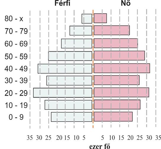 5. modul: ARÁNYOSSÁG, SZÁZALÉK 145 16. Egy megye lakosságának kor szerinti eloszlását mutatja a korfa és a táblázat. A megyeszékhely koreloszlása is hasonló képet mutat.