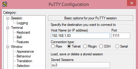 Ehhez nyissuk meg a putty nevű alkalmazást, állítsuk be a CU3 eszközt: Ezután kapcsolódjunk az