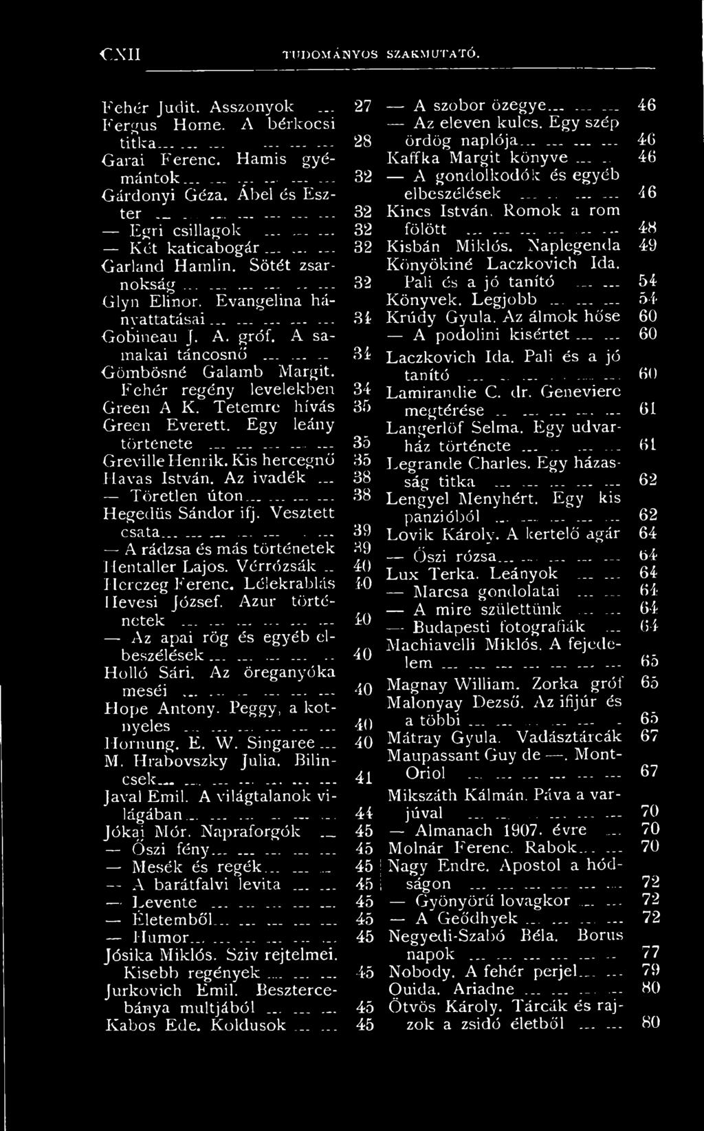 A samakai táncosnő........ 34 Gömbösné Galamb Margit. Fehér regény levelekben 34 Gieen A K. Tetemre hívás 35 Green Everett. Egy leány története............... Greville Henrik.